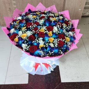 Blue orchid with mixed color Rose Hand Bouquet